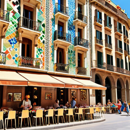 Home 23 ** A vibrant street scene in Barcelona, Spain, showcasing the unique architecture of Antoni Gaudí. Focus on the colorful mosaics and organic shapes found in his buildings, with people enjoying the sunny weather at an outdoor cafe.
**
