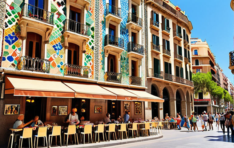 ** A vibrant street scene in Barcelona, Spain, showcasing the unique architecture of Antoni Gaudí. Focus on the colorful mosaics and organic shapes found in his buildings, with people enjoying the sunny weather at an outdoor cafe.
**