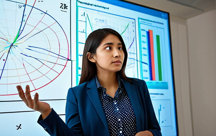 A focused professional mathematician, fully clothed in a modest blazer and collared shirt, stands in a brightly lit, modern academic setting. Behind her, a large digital display showcases a complex mathematical visualization: a swirling, colorful 3D graph representing an implicit function with intricate contour lines. Her hand, with well-formed fingers, holds a stylized, glowing magnifying glass over a small, specific section of the graph, visually emphasizing a subtle, locally linear segment. The expression on her face indicates deep contemplation and a moment of breakthrough understanding. The background features blurred whiteboards with complex equations, hinting at abstract thought. This is a high-resolution, professional photography image, demonstrating perfect anatomy, correct proportions, natural pose, natural body proportions, safe for work, appropriate content, fully clothed, professional dress.