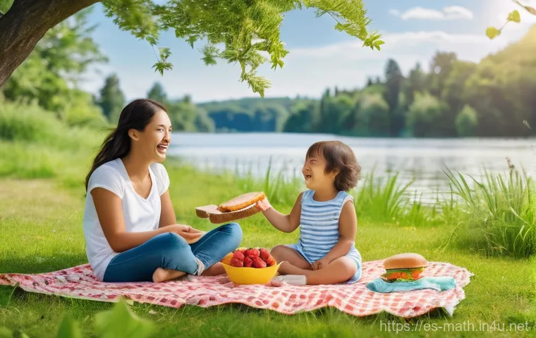블랙숄즈 방정식 기초 - **A Serene Lakeside Family Picnic:** A warm, sunny afternoon at a picturesque lakeside park. A famil...