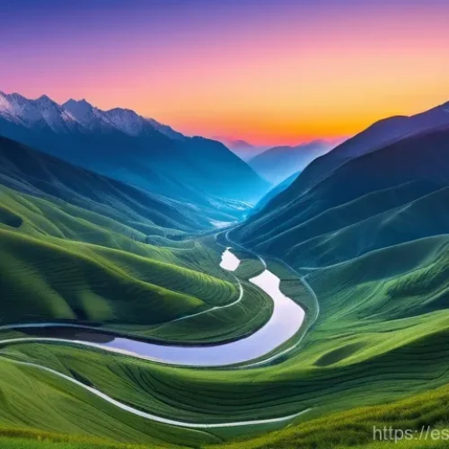 미분 가능성과 함수의 연속성 - A breathtaking panoramic view of a serene mountain landscape at dawn. The rolling hills and valleys ...