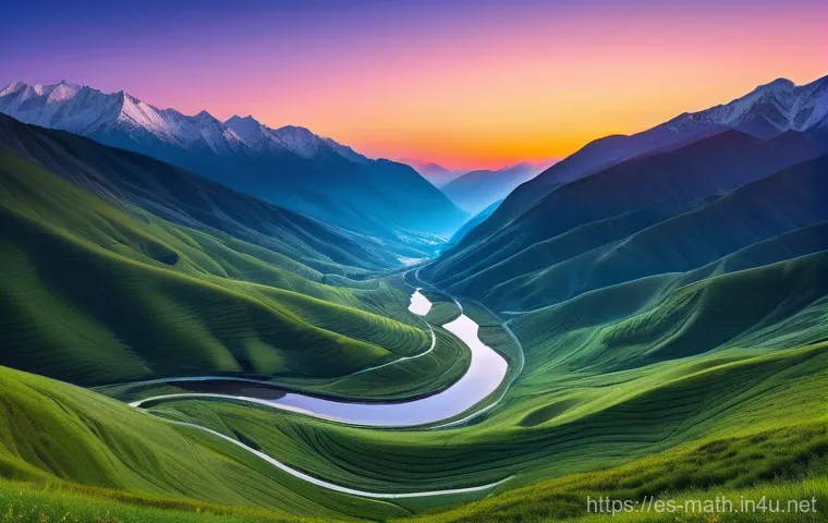 미분 가능성과 함수의 연속성 - A breathtaking panoramic view of a serene mountain landscape at dawn. The rolling hills and valleys ...
