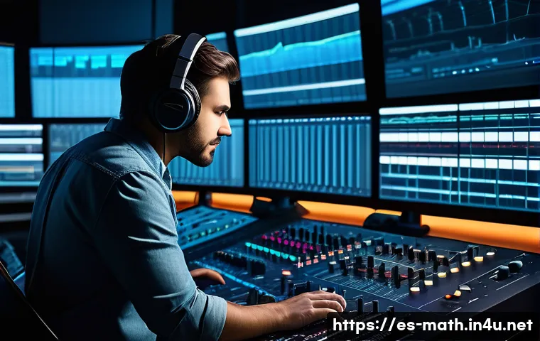 푸리에 분석과 신호처리 - A modern sound engineering studio interior featuring a professional audio technician wearing casual ...