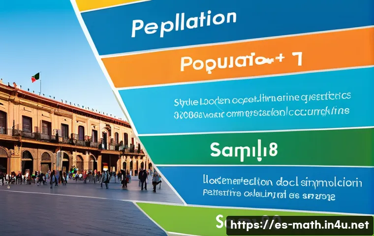 모평균과 표본평균 차이 - A detailed infographic-style image illustrating the concept of population versus sample in statistic...